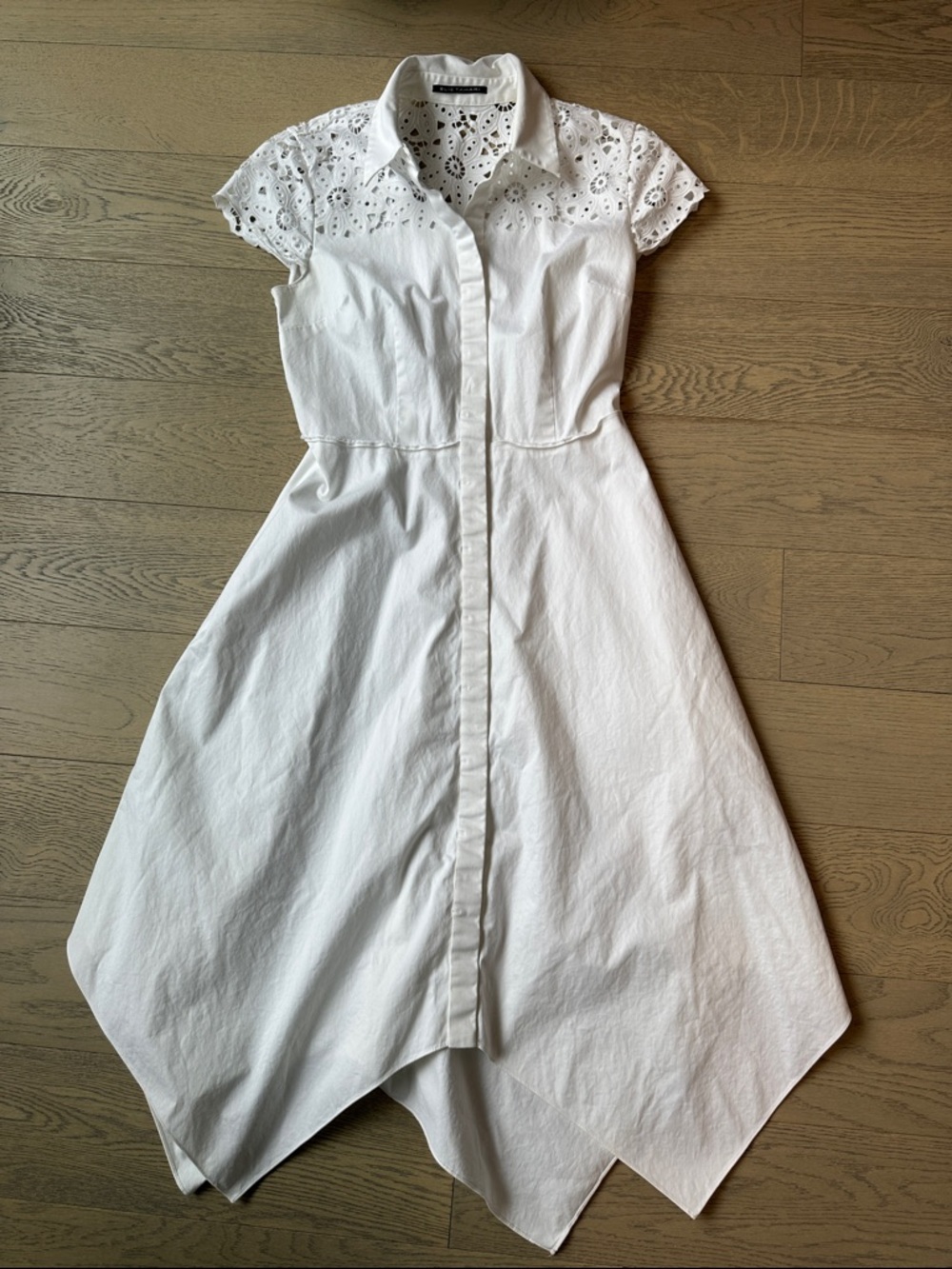Elie Tahari White Asymmetrical Eyelet Shirt Dress